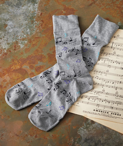 32 Bar Blues Flying Notes socks, gray socks decorated with musical notes and flying notes design.