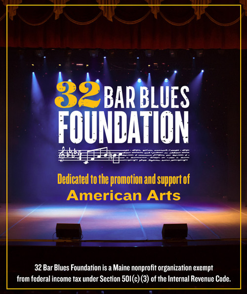 32 Bar Blues Foundation - Donation, stage with colorful blue and purple lighting and musical note graphic.