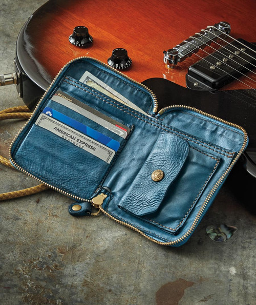 32 Bar Blues Cash Box Boogie, image of a guitar and an open blue leather wallet with cards and cash inside.