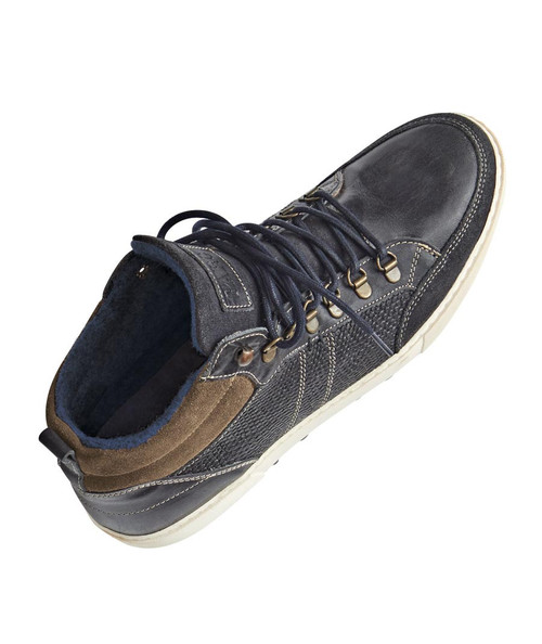 32 Bar Blues The Sidewalk Is Wild, Stylish men's casual leather and fabric sneakers with lace-up closure, dark color, cushioned interior, and unique textured design.