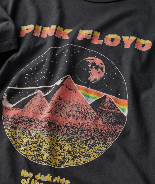 32 Bar Blues Any Colour You Like, black t-shirt featuring a Pink Floyd band graphic with mountains, moon, stars, and colorful rainbow stripes.