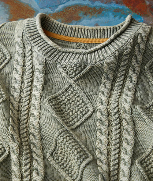 32 Bar Blues Twisting And Turning, close-up of a knitted gray sweater with cable patterns and textured diamond patches around the neckline.