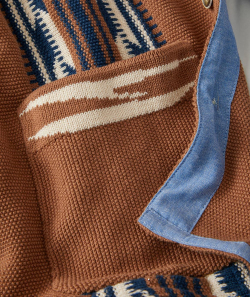 32 Bar Blues Coffee Grindin' Blues, close-up of a textured brown and cream woven fabric with blue denim trim and colorful patterns.