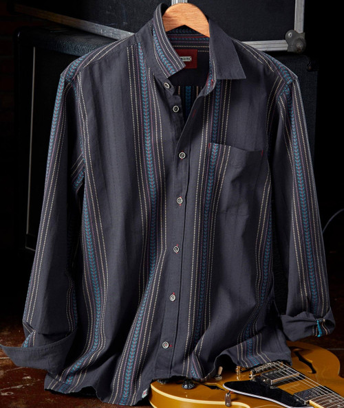 32 Bar Blues Deep Felix, stylish men's shirt with vertical blue and white striped pattern hanging on a wooden hanger.