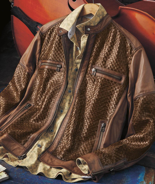 32 Bar Blues Fast As You Can, brown leather jacket with woven leather panels and multiple zippered pockets.
