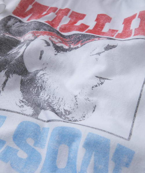 32 Bar Blues How Long Is Forever, close-up of a vintage-style T-shirt featuring a distressed black and white portrait of a man with a beard and closed eyes, with red and blue text partially visible in the background.