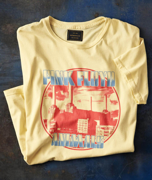 32 Bar Blues Something Big, Yellow T-shirt with Red and Blue graphic design of the city skyline and text 'Punk Floyd Animals'.