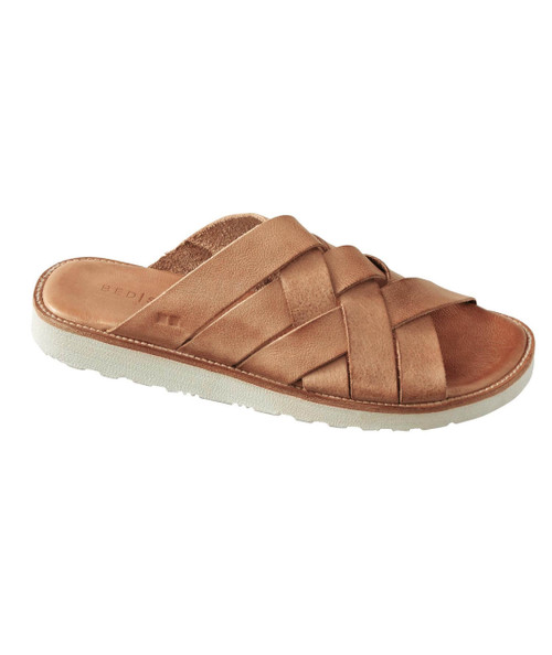 32 Bar Blues The Shift Below, a pair of tan leather slip-on sandals with wide crisscrossing straps and a beige textured sole.
