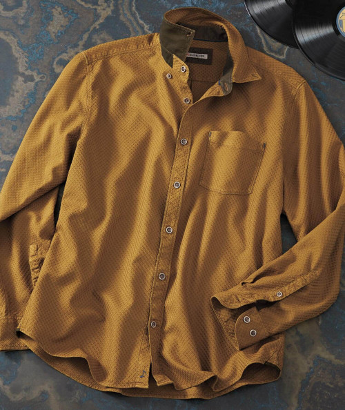 32 Bar Blues Hip Scotch, mustard-colored men's casual button-up shirt with a textured pattern and a chest pocket, laid flat on a rustic surface with vinyl records nearby.