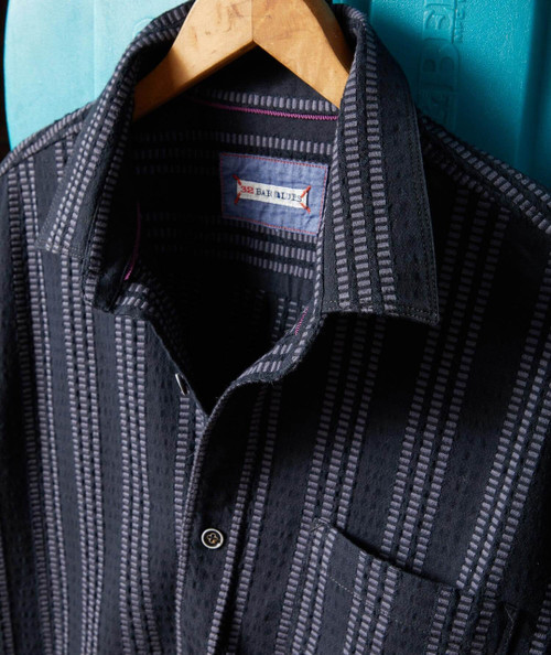 32 Bar Blues Triple Track, close-up of a black shirt with a striped pattern and a label inside the collar.