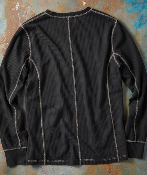 32 Bar Blues Another Real Good 'Un, black long-sleeve shirt with contrasting beige stitching details.