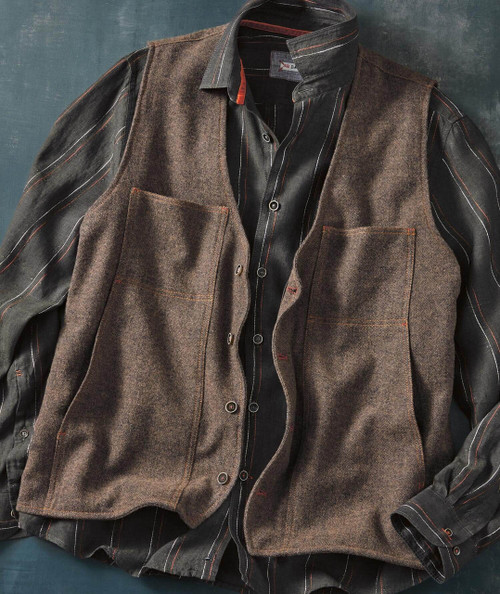 Talk To The Man, men's stylish button-up shirt layered with a brown vest on a dark background.