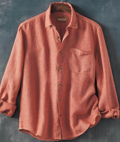 Inside Track, in-depth men's button-up shirt in coral color with a single chest pocket and rolled-up sleeves.