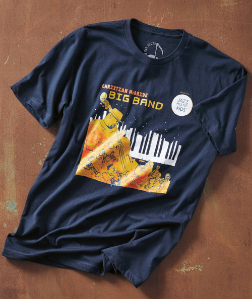 All Heart T-shirt, navy blue T-shirt with a colorful jazz band graphic and text for a charity benefit.