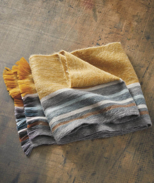 The Chill Is On, cozy woolen blanket with yellow, gray, white, and brown stripes, folded on a wooden surface.