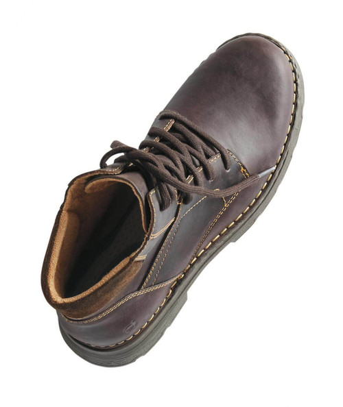 Chunk O' Funk, dark brown leather men's dress shoe with laces and yellow stitching, view of the top and side.