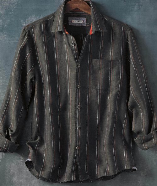 Soul Deep, men's black button-up shirt with multicolored vertical stripe pattern and long sleeves, hanging on a wooden hanger.