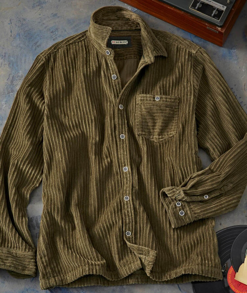 Over Under Sideways Down, vintage brown corduroy button-up shirt with chest pocket and long sleeves.
