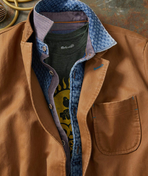 Better Ways, layered men's casual shirts and jacket with a brown coat and blue patterned inner shirts.
