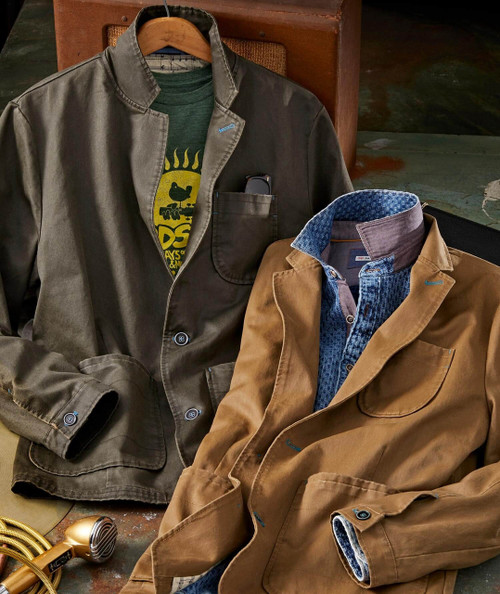 Better Ways, image of casual men's jackets, one in gray and the other in tan, displayed on a table with a yellow and black hairdryer in the foreground.