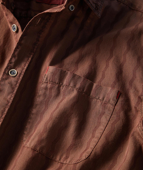 Go Happy Lucky, close-up of a brown striped casual shirt with a pocket and button details.