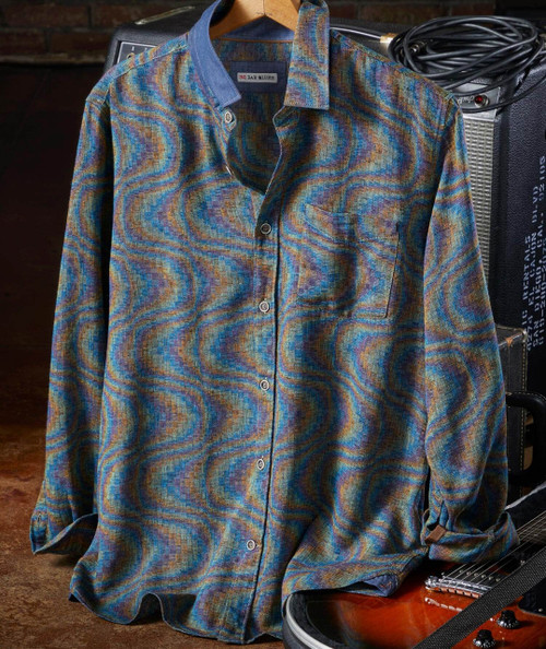Celestial Soul, colorful abstract patterned shirt with wavy designs in shades of blue, purple, brown, and green, featuring a button-up front and a chest pocket.