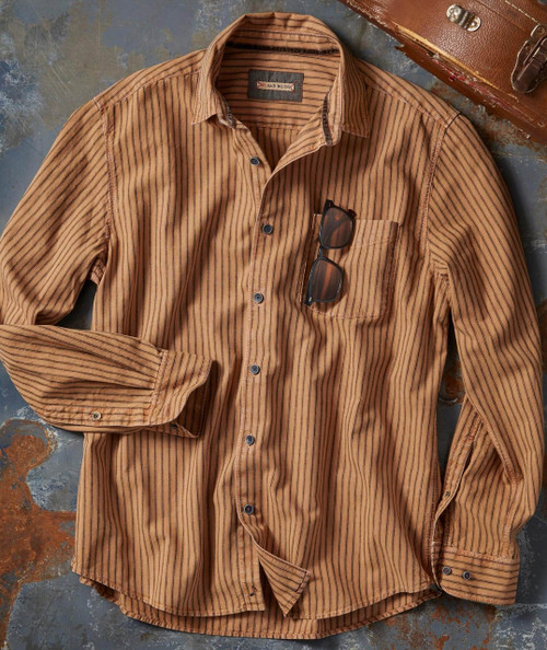Up Country Down, casual striped brown button-up shirt with a front pocket holding sunglasses.