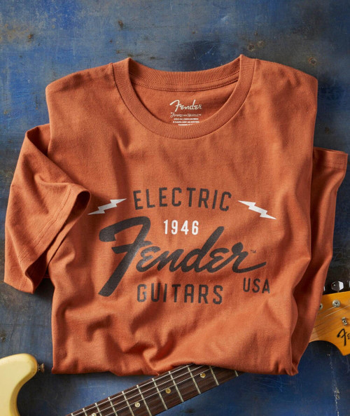 Fender Electric Guitars T-shirt, orange t-shirt with black and white Fender logo design from 1946.