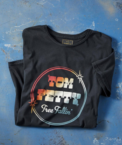Free Fallin' T-Shirt, black T-shirt with colorful vintage style design and text 'Free Fallin'' on a blue distressed background.