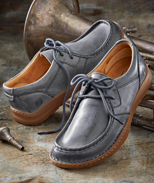 Blue Misty Mornin' shoes, gray leather casual lace-up shoes with tan soles and intricate stitching details.