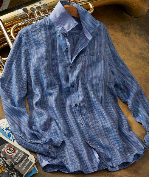 Space Race, a long-sleeved, button-up shirt with a blue, striped pattern.