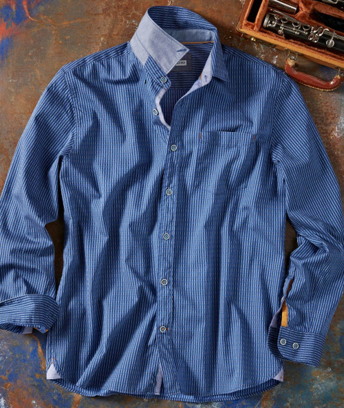 Electric Counterpoint, a stylish blue patterned men's dress shirt with contrast collar and cuff details.