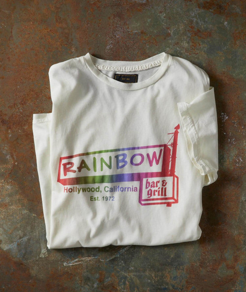 Rock House, white T-shirt with colorful rainbow and neon sign graphic design.