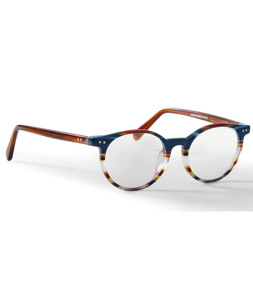Fashion sunglasses, close-up view of stylish sunglasses with tortoiseshell and navy blue frame, transparent round lenses, and sleek design.