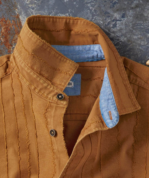 Shaky Jake, brown textured button-up shirt with vertical stitched patterns.