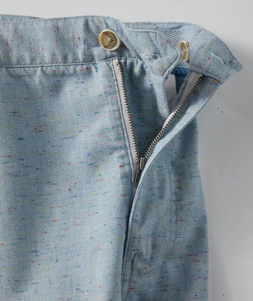 Step Lively, light blue speckled adjustable pant with zipper and button closure.