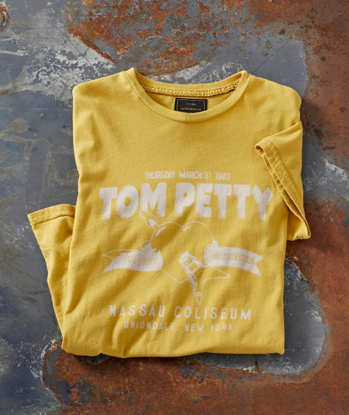 We Stand A Chance T-shirt, yellow vintage-style graphic t-shirt with a design and text related to Tom Petty, Nassau Coliseum, and Uniondale New York.