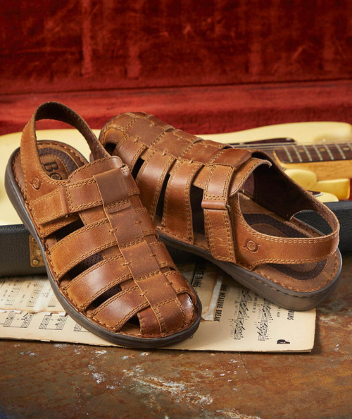 Breezin' Easy, men's brown leather sandals with woven design and adjustable strap, stylish and comfortable footwear for casual wear.