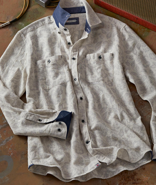 Cloudscape, a long-sleeve button-up shirt with a subtle cloud pattern in light and dark shades, featuring contrasting navy cuffs and collar details.