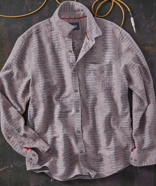 And Then Again men's casual long-sleeve button-up shirt, soft, striped fabric with a pocket on the chest, laid flat on a dark surface with a vintage-inspired background.