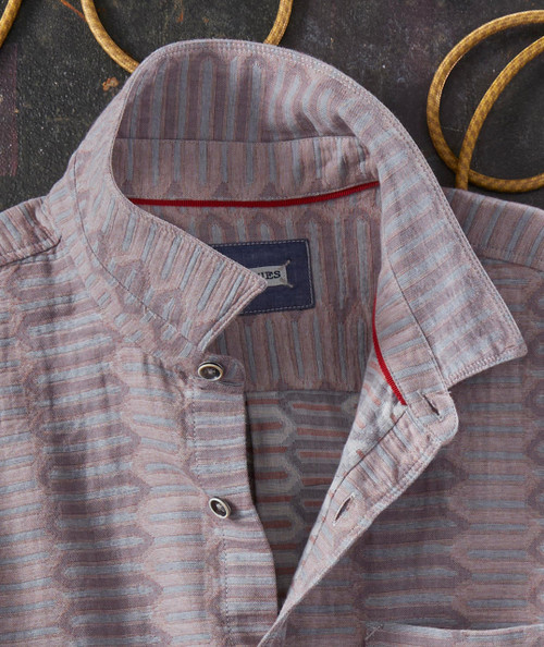 And Then Again, men's striped casual button-down shirt, close-up of collar and upper buttons.