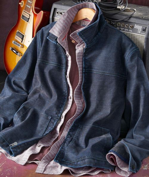 Jazz Me Blues, a close-up image of layered clothing including a denim jacket, layered shirts, and a background with guitar and amplifier.