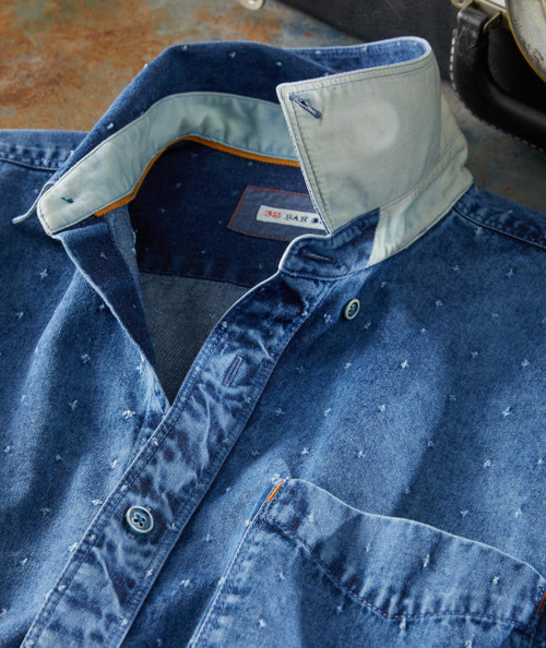 Point Made, dark blue denim shirt with subtle white dotted pattern and contrasting light blue inside collar, casual men's clothing.