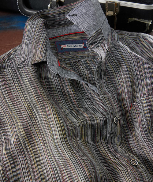 Space Is The Place, a multi-colored striped button-up shirt with a detailed collar and brand tag inside the collar.