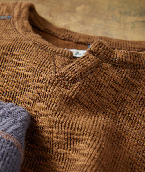 Thump And Bump, close-up view of a brown knitted sweater collar showing detailed texture and stitching.