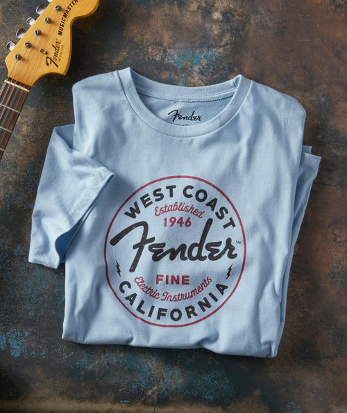 Getting In Tune, light blue graphic t-shirt with Fender logo and California design for music enthusiasts.