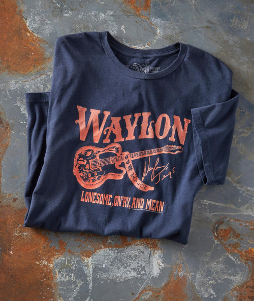 Lonesome, On'ry And Mean T-shirt, navy blue short sleeve t-shirt with orange and black graphic of a guitar and signature, vintage style music band merchandise.