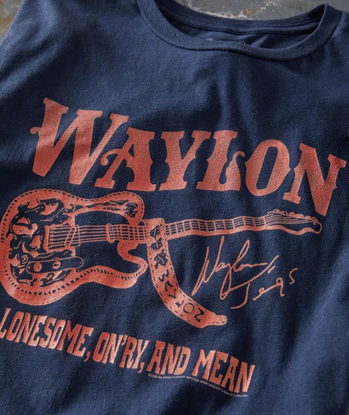Lonesome, On'ry And Mean T-shirt with a graphic of a guitar and signature design