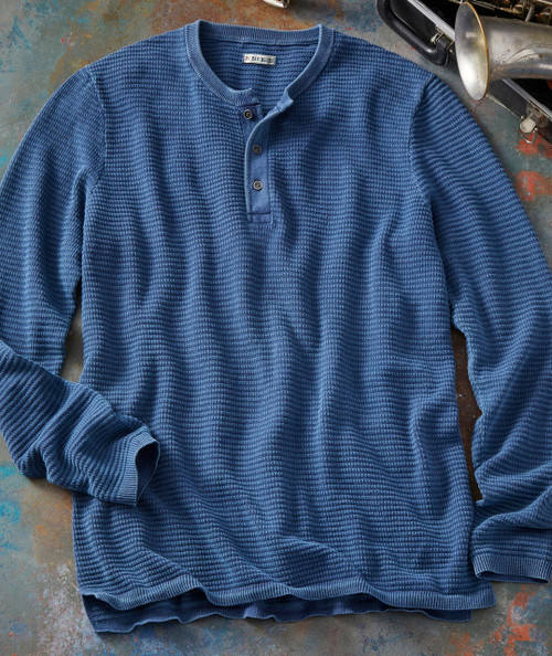 Very Yes, blue textured long-sleeve henley shirt with button placket.