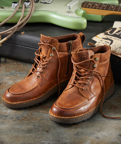 Overtime, brown leather ankle boots with laces and side zippers, stylish and durable footwear for men.